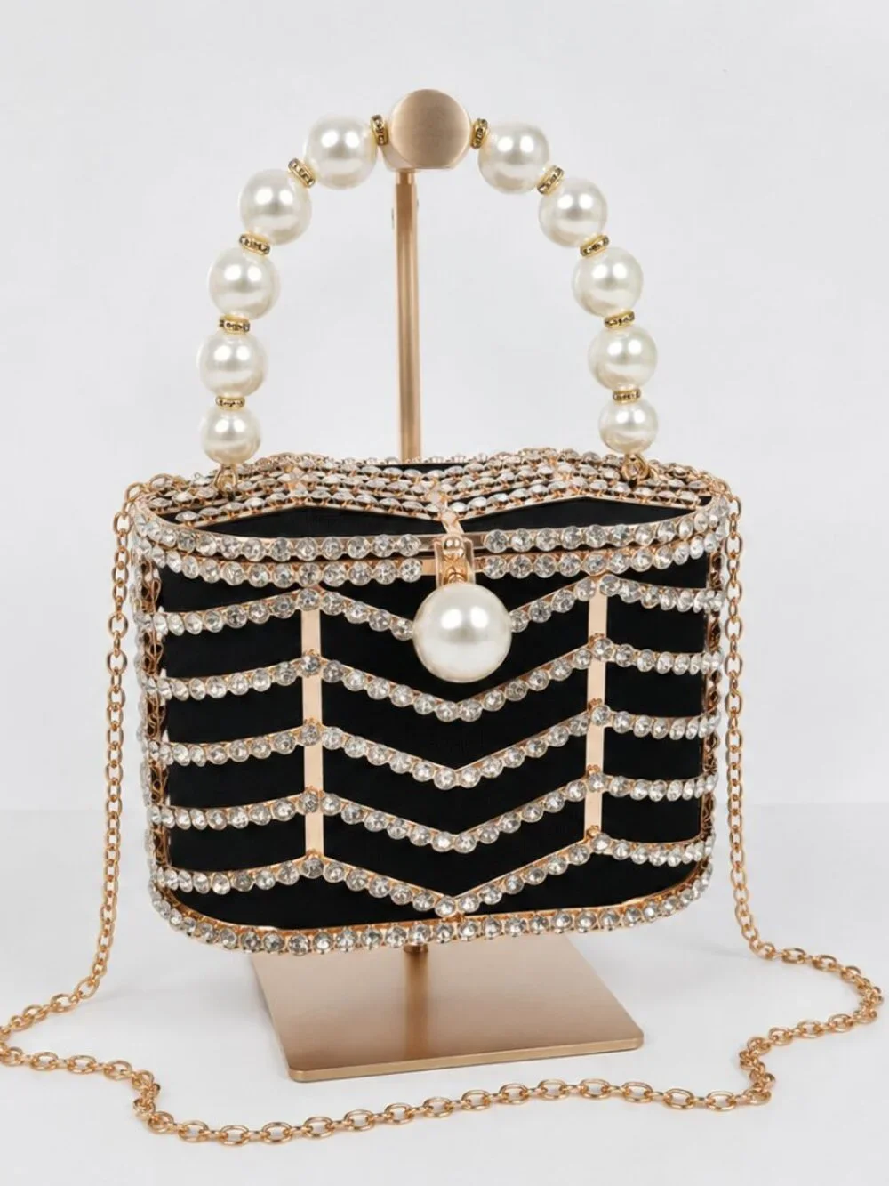 Glam Rhinestone & Pearl Cage Clutch Bag NWT Evening Purse